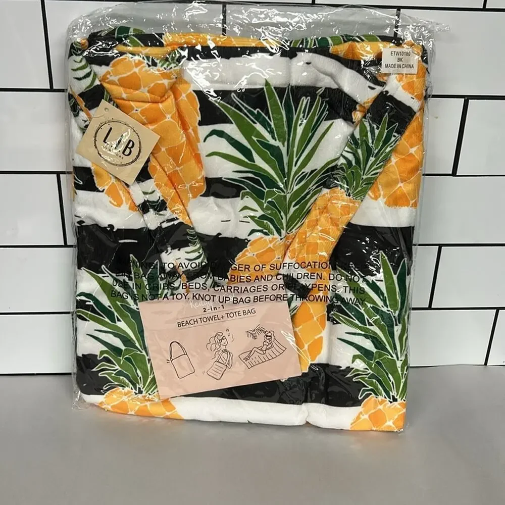 NWT New Boutique Brand 2 In 1 Pineapple Motif Bag and Towel Terry Cloth Striped